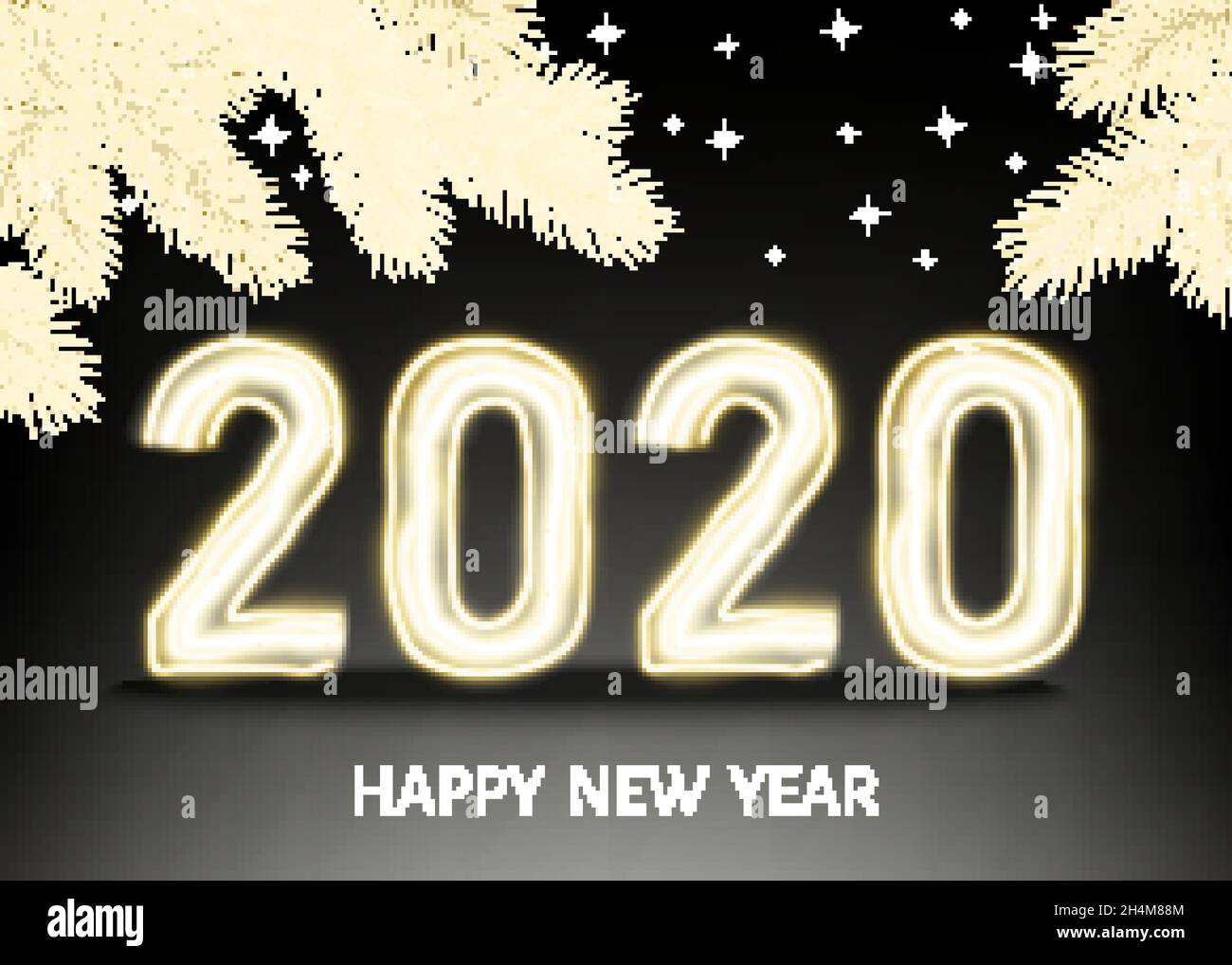 2020 felice anno nuovo sfondo nero con ramo di abete rosso oro. Decorazioni natalizie con numeri dorati al neon. Vettore inverno vacanza saluto ca Illustrazione Vettoriale