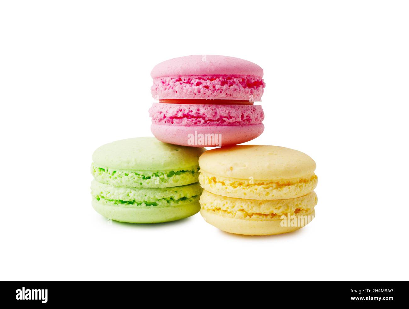 Deliziosi tre macaroon multicolore isolati su sfondo bianco Foto Stock