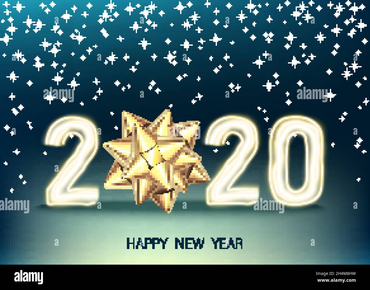 2020 felice anno nuovo sfondo blu con arco regalo dorato. Decorazione di Natale con numero di oro al neon incandescente. Biglietto d'auguri Vector Winter Holiday temp Illustrazione Vettoriale