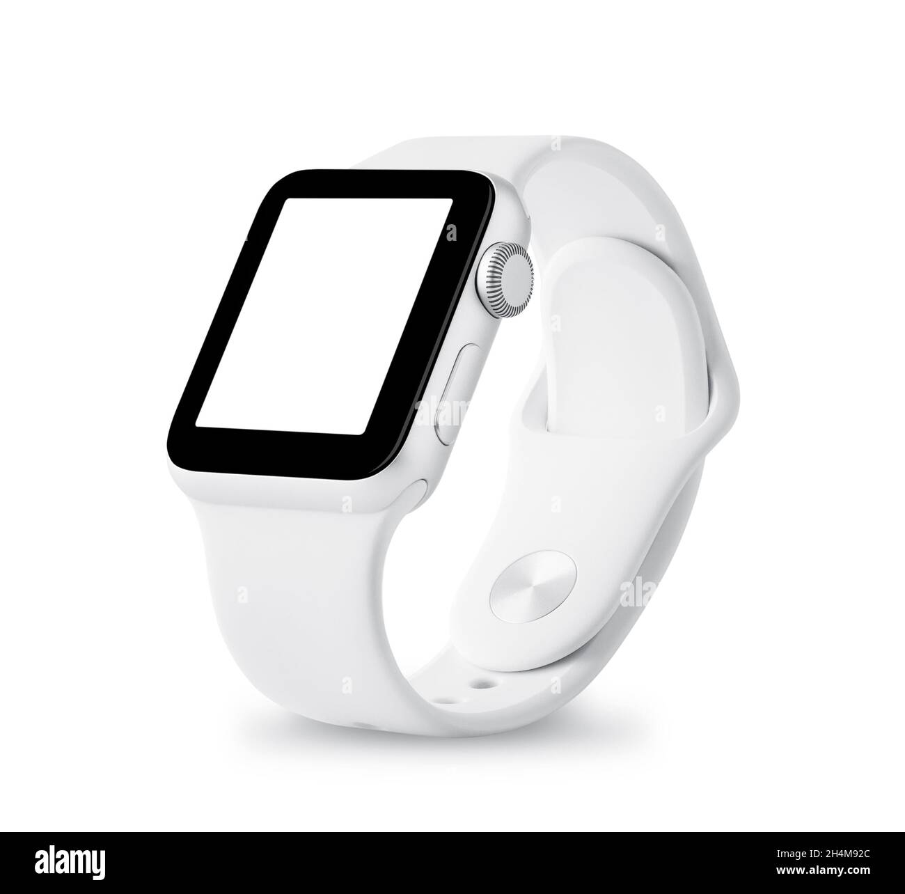 Mosca, Russia - 29 Giugno 2020: Apple Watch Sport custodia in alluminio argento da 38 mm con fascia sportiva bianca con attività. Design mock-up. Isolato su bianco Foto Stock