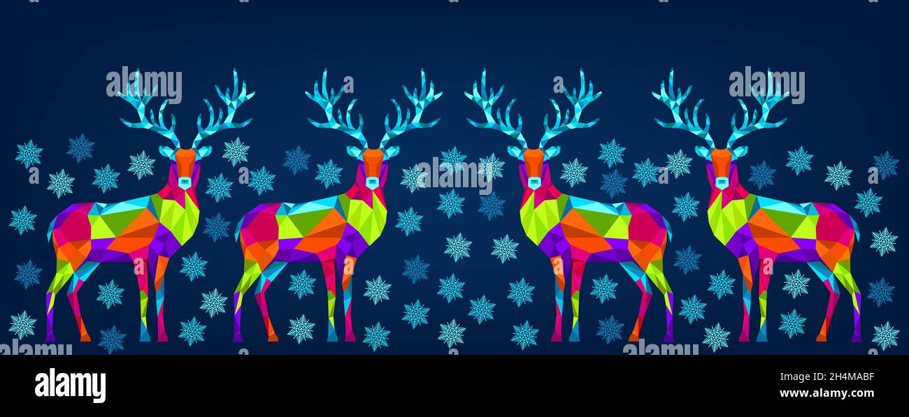 Natale e Felice ornamento di Capodanno. Renna e fiocchi di neve poligonali di Natale. Decorazione colorata e luminosa su sfondo blu.biglietto d'auguri Vector Illustrazione Vettoriale
