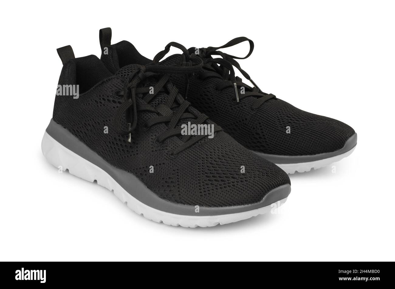 Paio di scarpe sportive nere per correre isolate su sfondo bianco Foto Stock