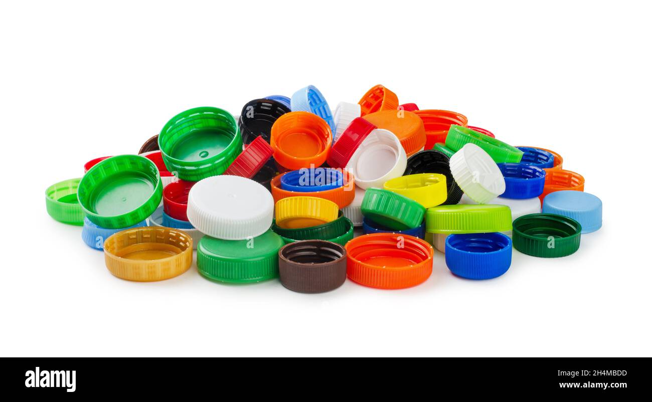 La bottiglia di plastica tappi isolati su sfondo bianco Foto Stock