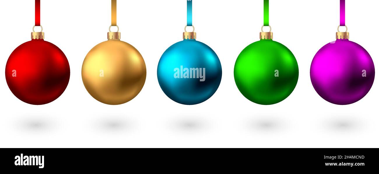 Rosso realistico, oro, blu, verde, rosa, Palline viola di Natale isolato su sfondo bianco. Decorazione vettoriale dell'albero di Natale. Illustrazione Vettoriale