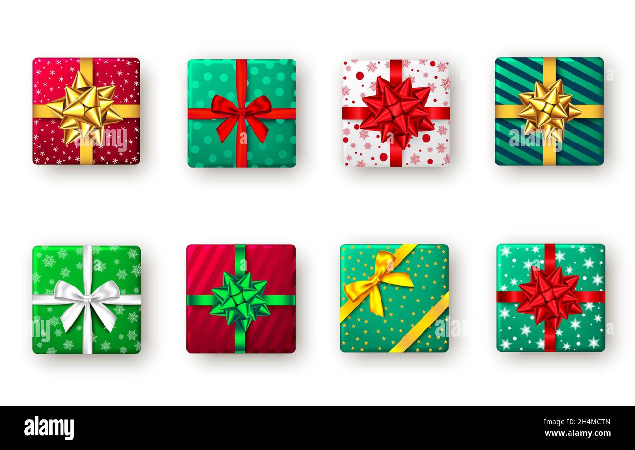 Confezione regalo con nastro verde, rosso e dorato e arco, vista dall'alto. Natale, festa di Capodanno, buon compleanno o San Valentino design pacchetto. Presente isola Illustrazione Vettoriale