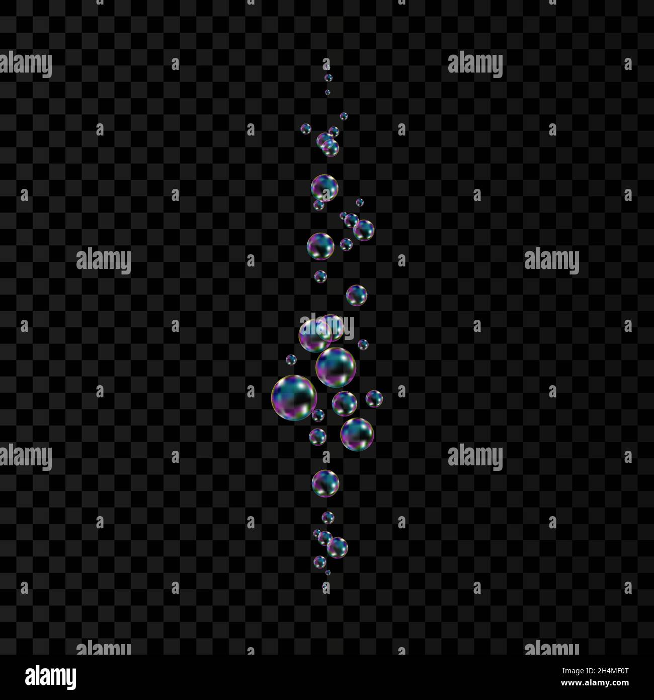 Bolle di sapone colorate e trasparenti realistiche con riflessi arcobaleno isolati su sfondo a scacchi. Trama vettoriale. Illustrazione Vettoriale