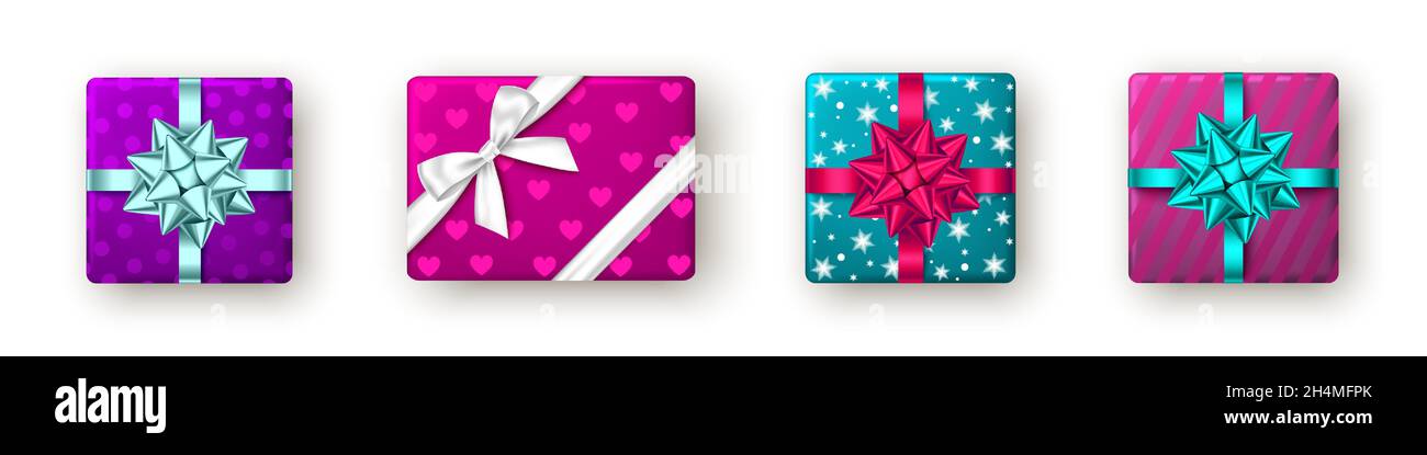 Confezione regalo rosa, blu, viola con nastro e arco, vista dall'alto. Natale, festa di Capodanno, buon compleanno, Mamma giorno o San Valentino design pacchetto. Pre Illustrazione Vettoriale