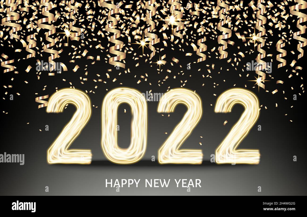 2022 Felice sfondo nero di Capodanno con nastro dorato e confetti. Decorazione di Natale con numero di oro al neon incandescente. Vector inverno vacanza greeti Illustrazione Vettoriale