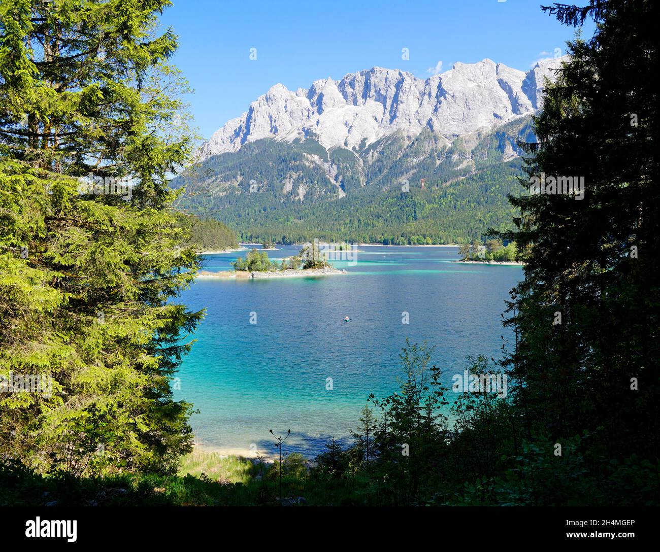 Pittoresche piccole isole con pini sul lago di Eibsee turchese ai piedi della montagna Zugspitze in Baviera (Germania) Foto Stock