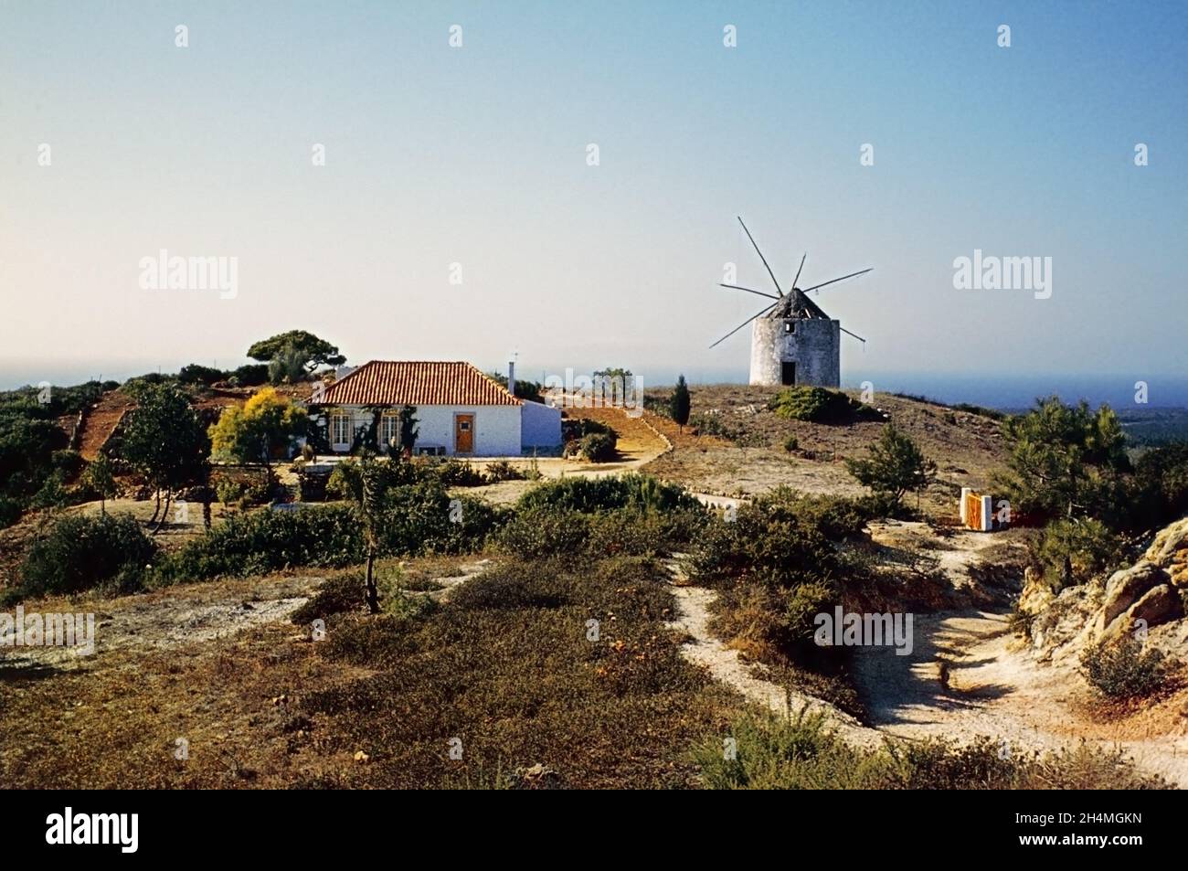 Vecchio mulino a vento sulla penisola di Espichel vicino a Sesimbra, Portogallo, 50 anni fa. Fotografia del film Vintage Transparency del 1969. Foto Stock