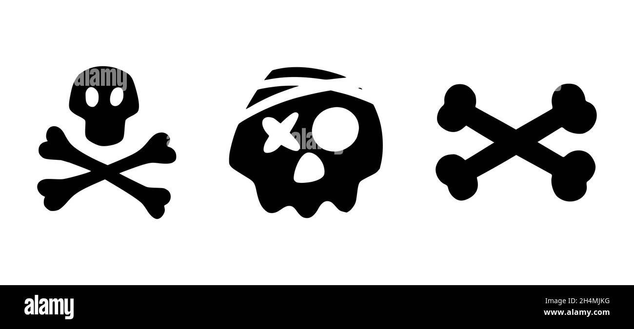 Icone del cranio impostate. Teschi e crossone disegnati a mano. Illustrazione vettoriale isolata su sfondo bianco Illustrazione Vettoriale