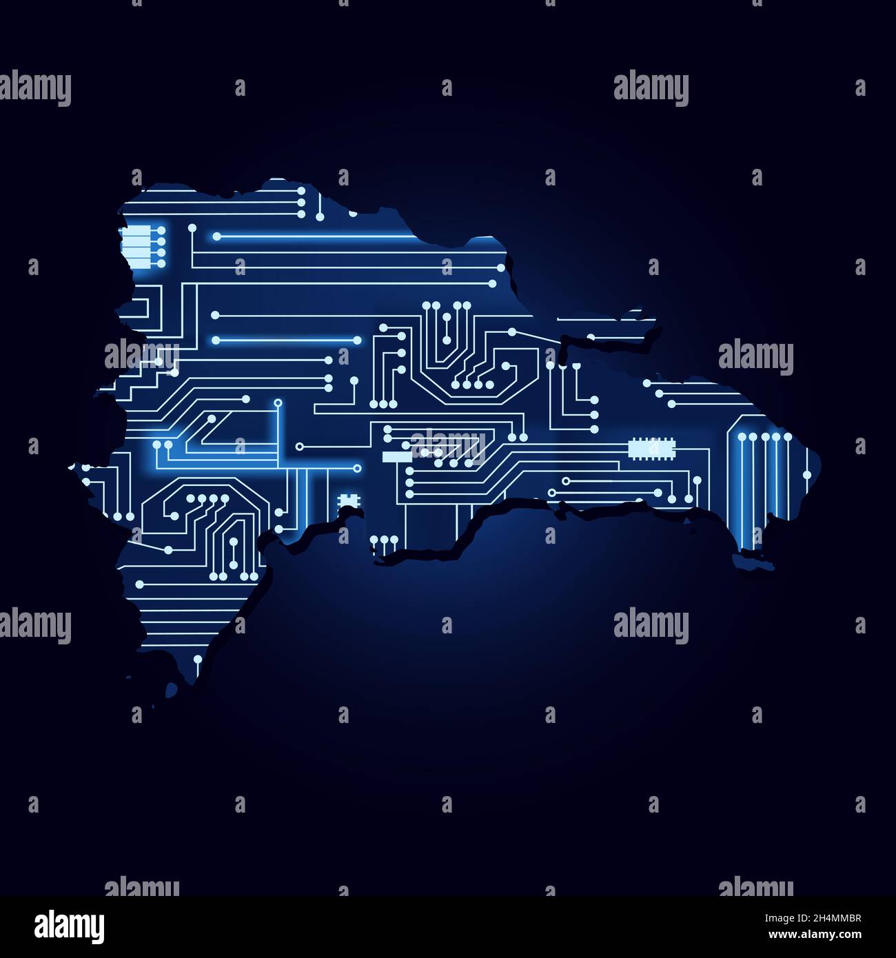 Mappa del profilo della Repubblica Dominicana con un circuito di elettronica tecnologica. Illustrazione Vettoriale