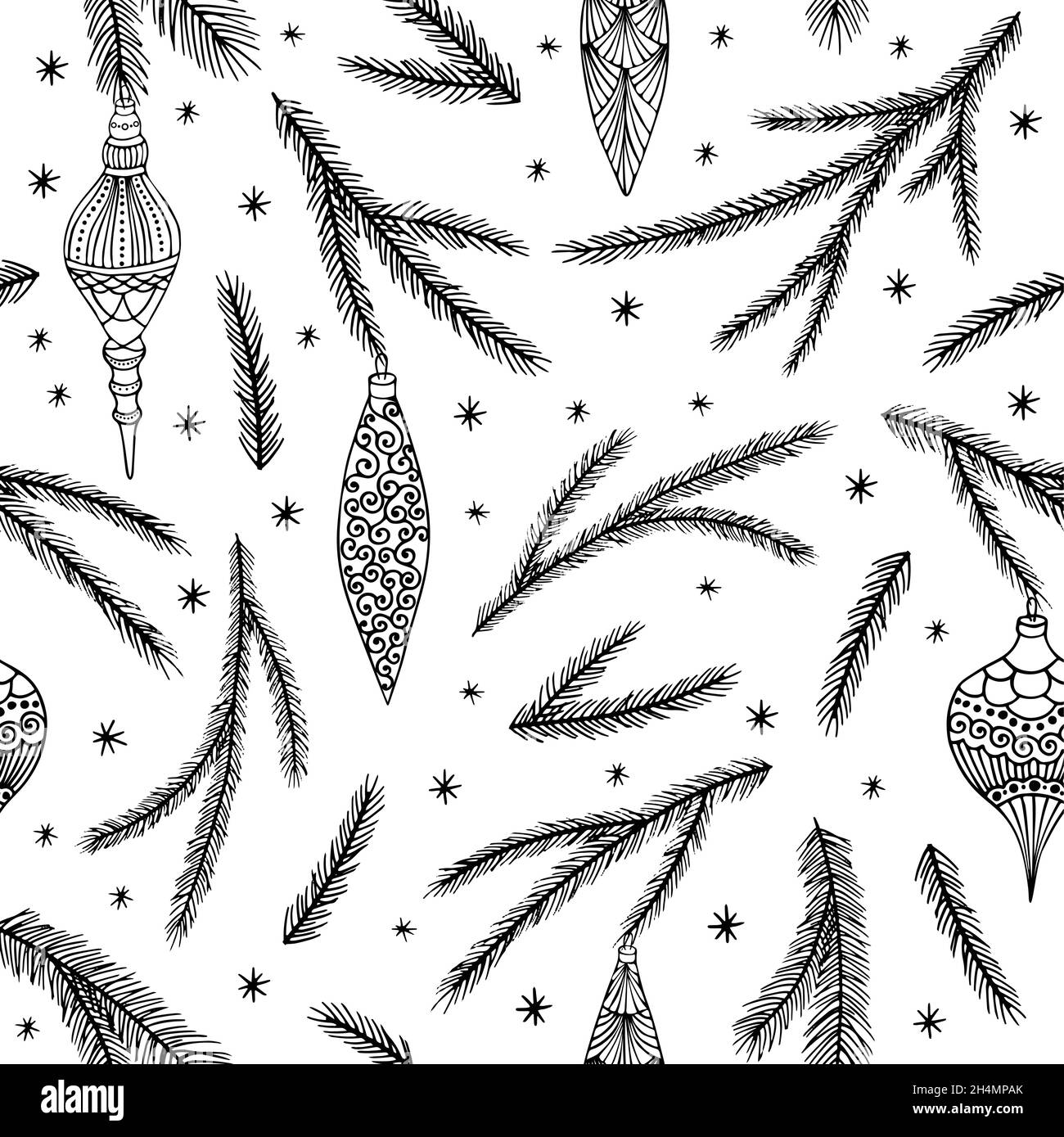 Xmas Seamless pattern con decorazioni natalizie, rami di pino disegnati a mano art design illustrazione vettoriale. Illustrazione Vettoriale