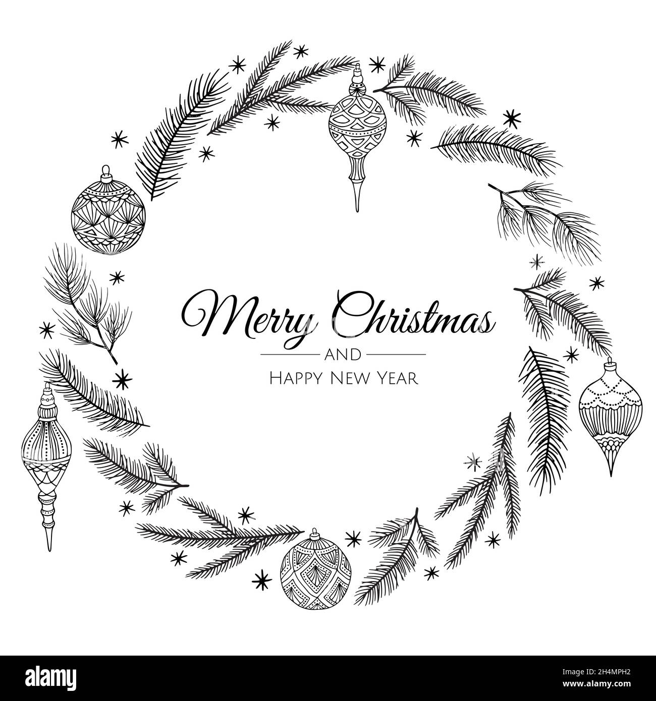 Corona di Natale con rami di pino, bacche, fiori di Natale e altri elementi di vacanza Illustrazione Vettoriale