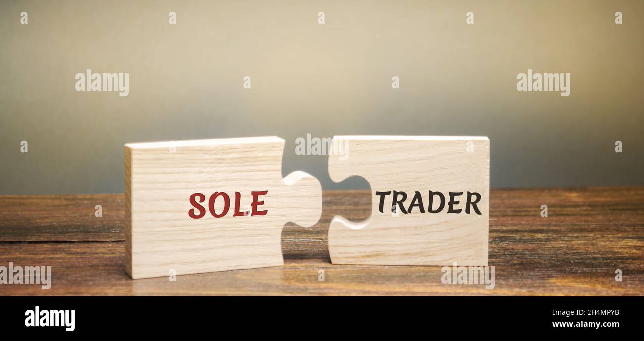 Puzzle di parole in legno Sole trader. Persona che svolge attività commerciali per proprio conto e a proprie spese. Concetto di business e finanza Foto Stock