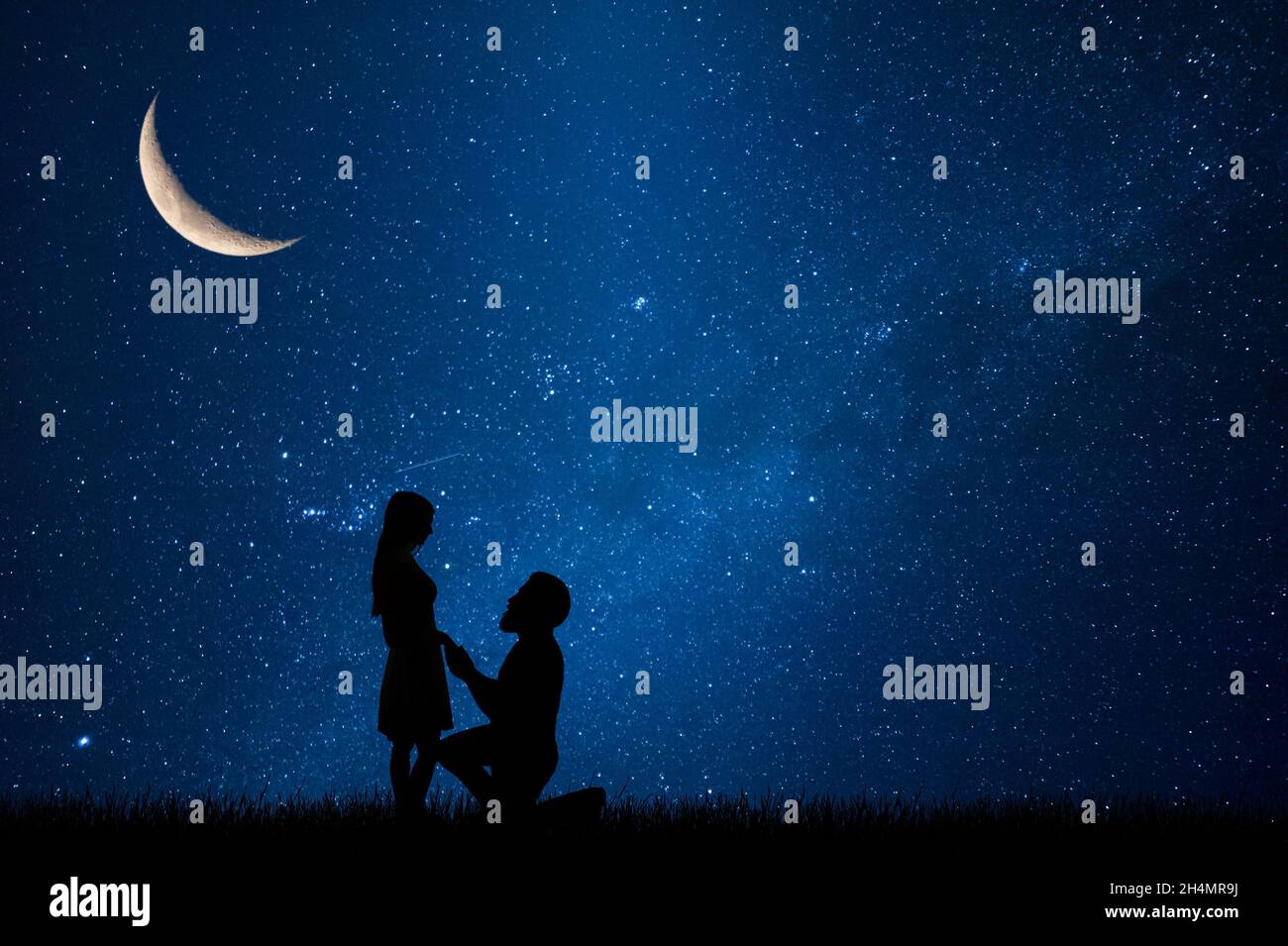 Bella coppia dichiarano l'amore l'un l'altro, ragazzo guardare la ragazza, stelle nel cielo di notte Foto Stock
