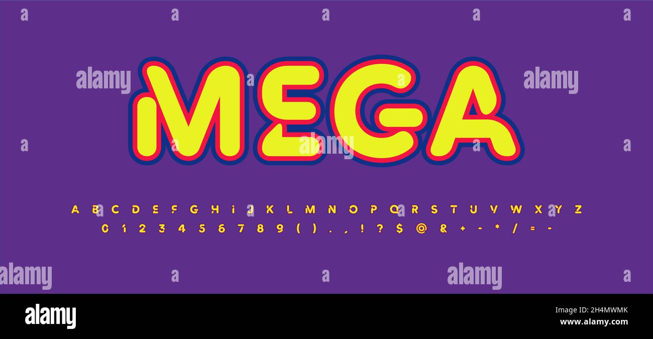 Grassetto alfabeto con caratteri luminosi con contorno a colori per un titolo e un logo dolci. Lettere e numeri divertenti per noci, caramello, caramelle, gomma, cibo e bevande Illustrazione Vettoriale