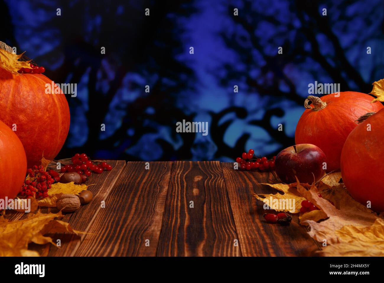 Zucche e frutta autunnale, verdure e bacche su sfondo di legno. Disposizione piatta, velocità di copia. Per Halloween notte, festa di ringraziamento, autunno, autunno ho Foto Stock