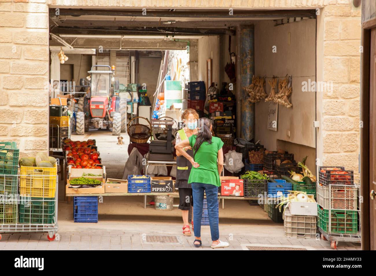 Donna che vende verdure da un piccolo negozio di strada nella città spagnola di Puente la Reina Navarra Spagna sulla strada del Camino de Santiago Foto Stock