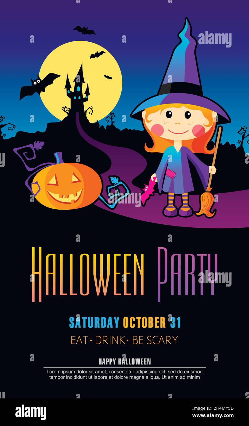 Halloween Party Design modello su sfondo nero, con ragazza strega e zucca eps 10 Illustrazione Vettoriale