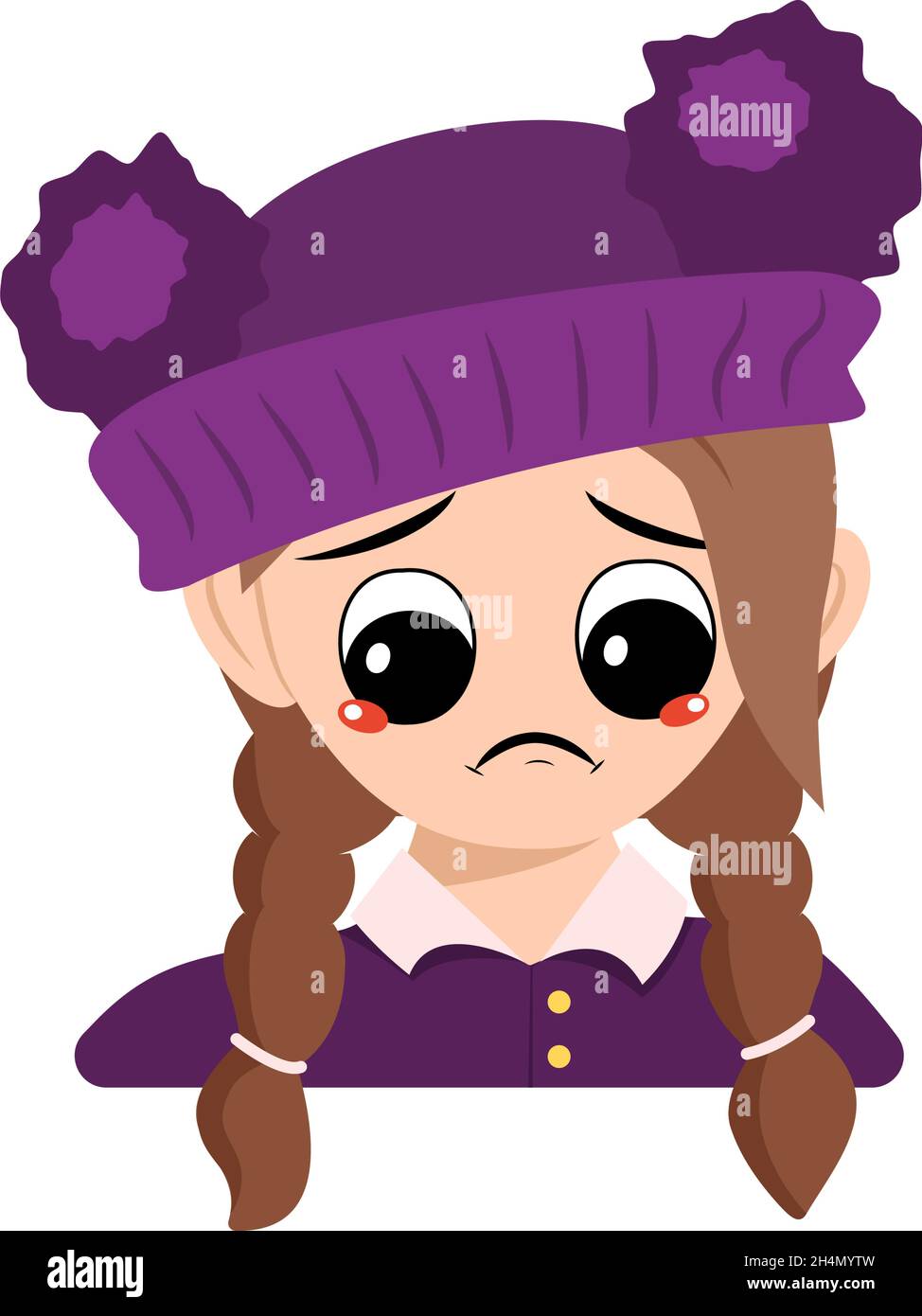 Avatar di ragazza con pianto e lacrime emozione, volto triste, occhi depressivi in viola cappello con pompom. Testa di bambino con espressione malinconica Illustrazione Vettoriale