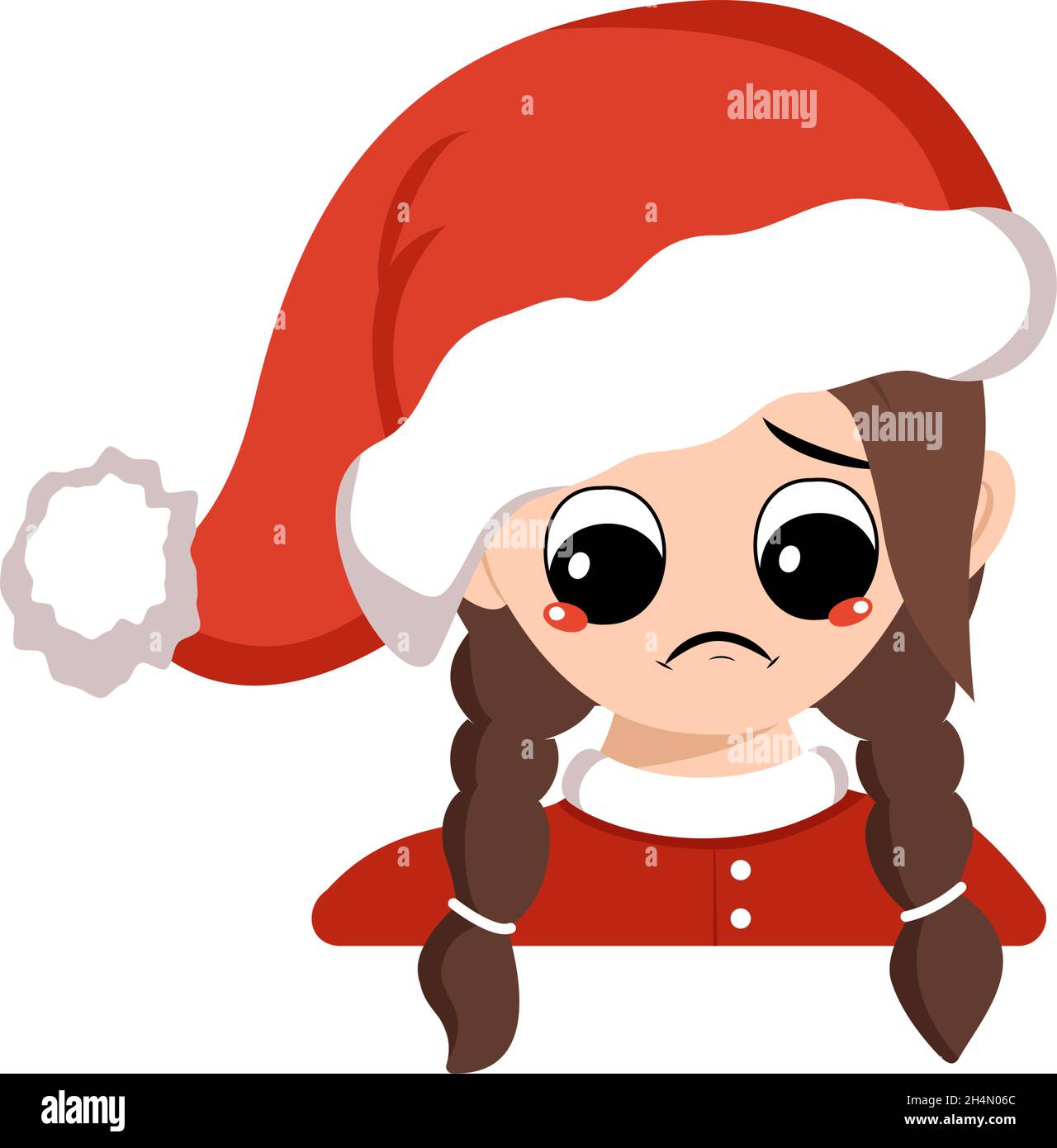 Ragazza con occhi grandi ed emozioni tristi, faccia depressa, occhi in giù in rosso Santa Hat. Carino bambino con espressione malinconia in costume da carnevale per le vacanze, Capodanno e Natale. Testa di adorabile capretto Illustrazione Vettoriale