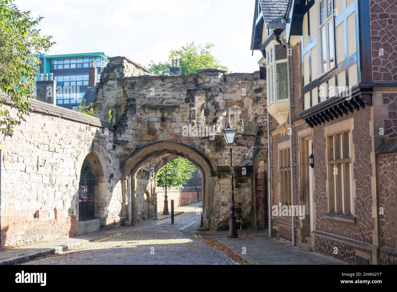 Porta della torretta medievale, vista del castello, città di Leicester, Leicestershire, Inghilterra, Regno Unito Foto Stock