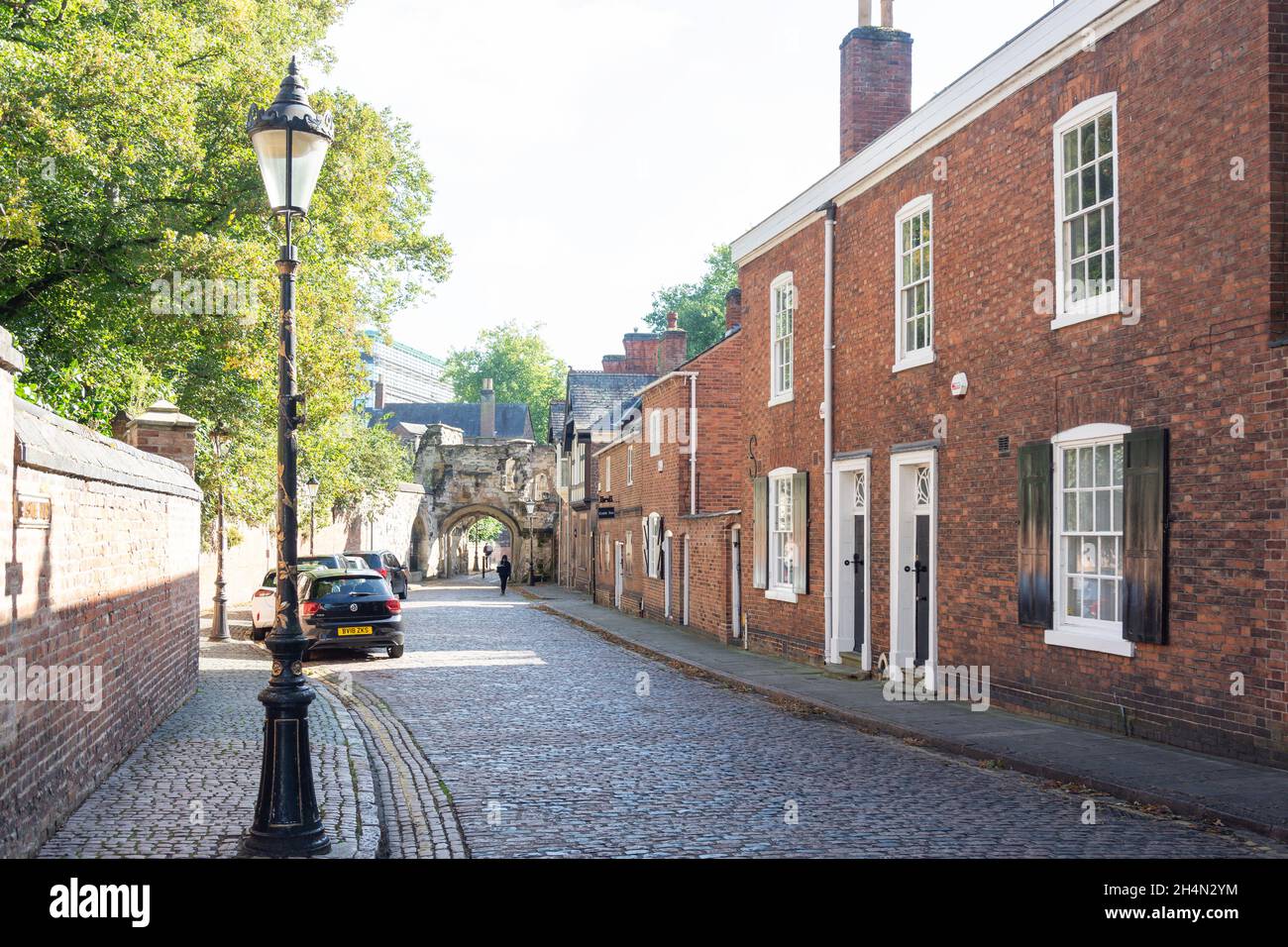 Case d'epoca, Vista del castello, Città di Leicester, Leicestershire, Inghilterra, Regno Unito Foto Stock