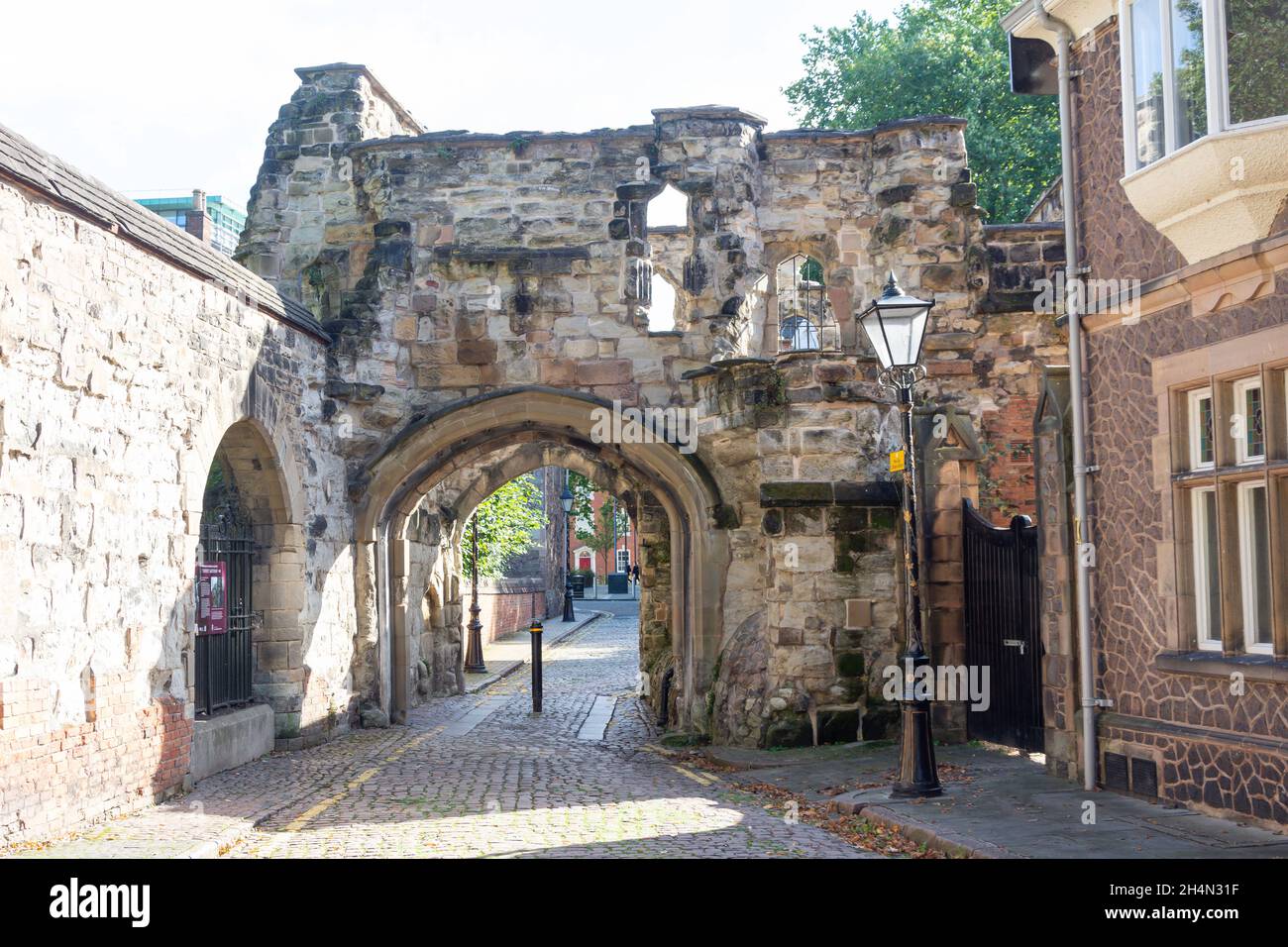 Porta della torretta medievale, vista del castello, città di Leicester, Leicestershire, Inghilterra, Regno Unito Foto Stock