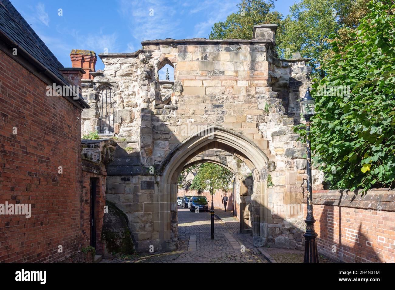 Porta della torretta medievale, vista del castello, città di Leicester, Leicestershire, Inghilterra, Regno Unito Foto Stock