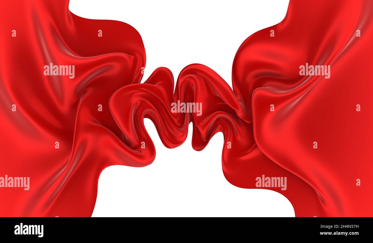 Bel tessuto scorrevole che vola nel vento. Seta rossa ondulata o satinata. Elemento astratto per la progettazione. Immagine di rendering 3D. Immagine isolata su sfondo bianco Foto Stock