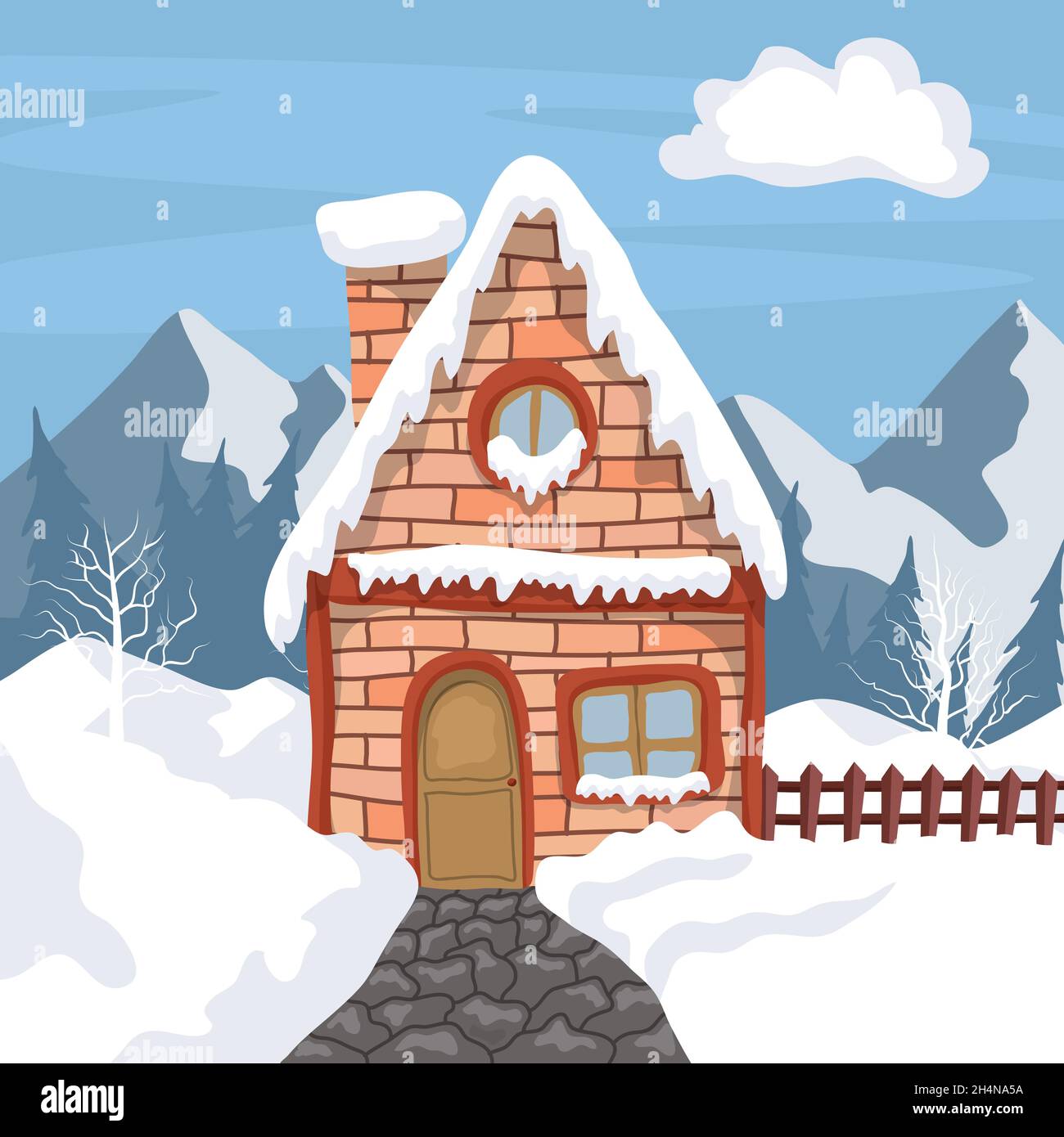 Scena invernale con neve, con pini e casa rurale in montagna Illustrazione Vettoriale
