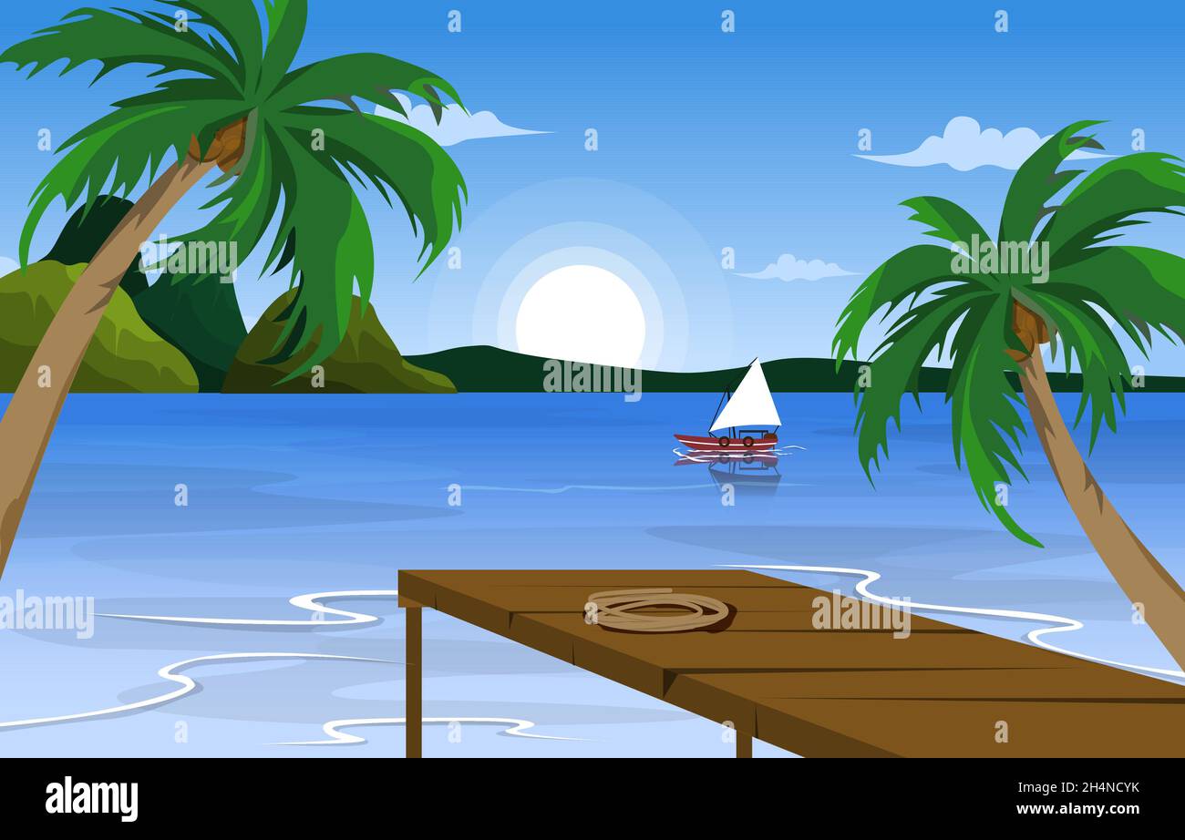 Dock Beach Landscape View Sea Vacation Holiday Tropical Vector Illustrazione Illustrazione Vettoriale