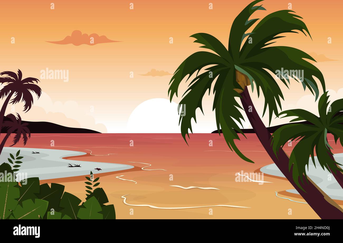 Bella Sunset Beach Mare Vacanze Tropical Vector Illustrazione Illustrazione Vettoriale