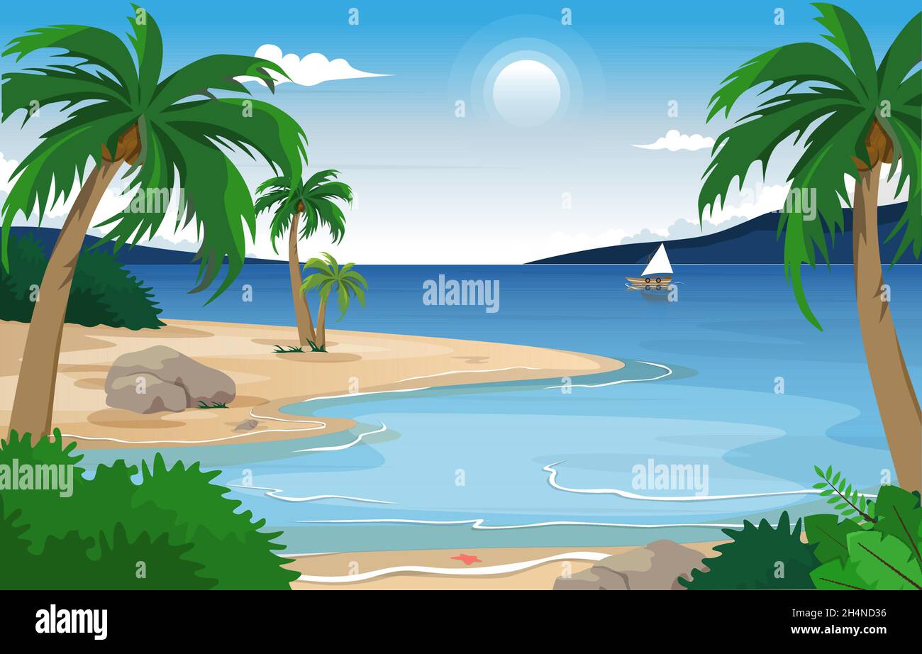 Boat Beach Landscape View Sea Vacation Holiday Tropical Vector Illustrazione Illustrazione Vettoriale