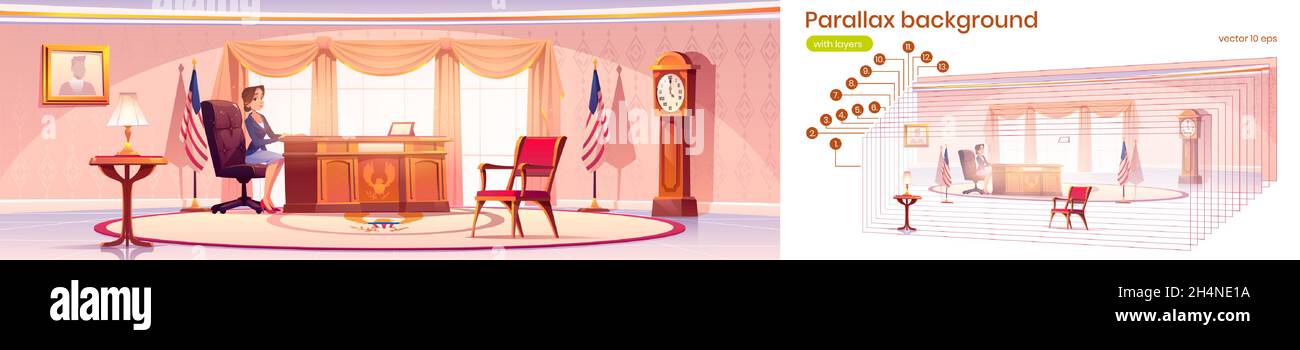 presidente americano in ufficio ovale a Casa Bianca. Vettore parallasse sfondo per animazione 2d con cartoon illustrazione di donna politico in governo gabinetto con bandiera degli Stati Uniti Illustrazione Vettoriale