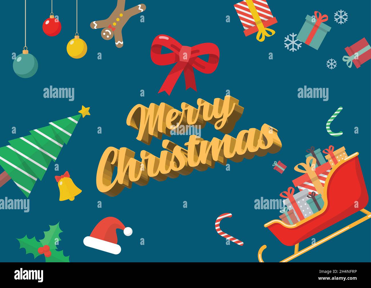 Buon Natale con ornamenti decorativi cartolina. Illustrazione del vettore del biglietto di auguri di testo 3D Illustrazione Vettoriale