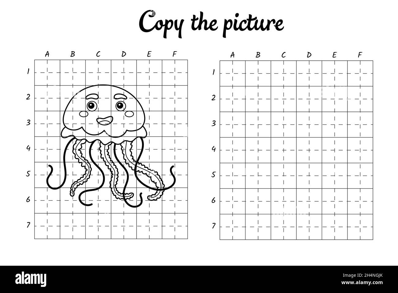Consente di copiare la foto. Disegna per griglia. Colorare pagine di libri per bambini. Pratica di scrittura, addestramento di abilità di disegno. Foglio di lavoro stampabile per lo sviluppo dell'istruzione Immagine e