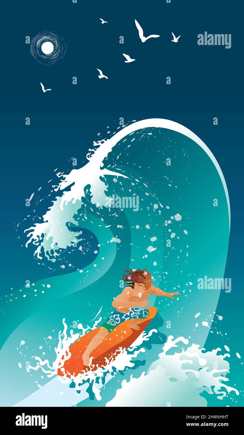 Uomo che ama fare surf sul mare. Illustrazione Vettoriale