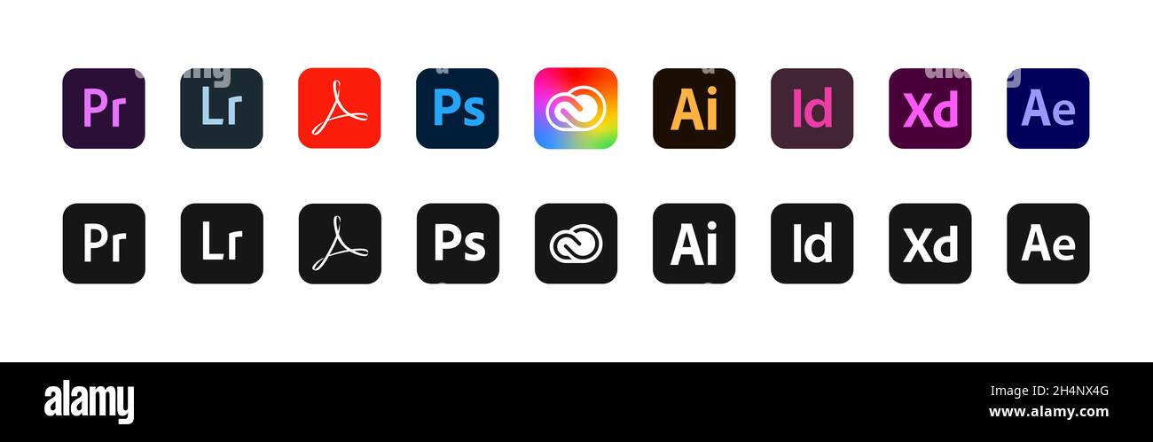 Kiev, Ucraina - 5 ottobre 2020: Set di logo dei prodotti adobe. Editoriale. Foto Stock