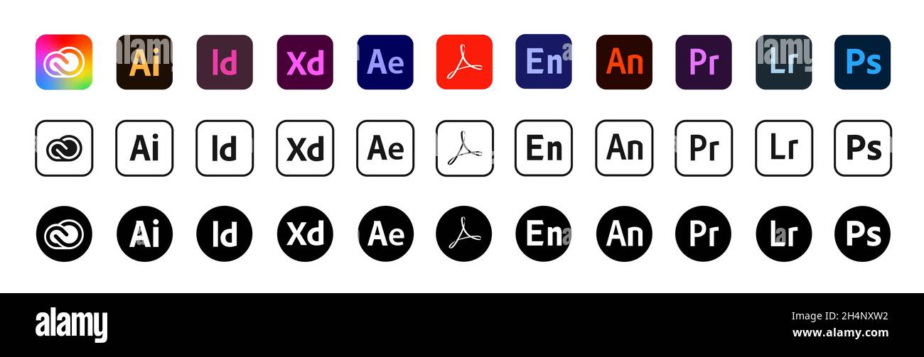 Kiev, Ucraina - 6 novembre 2021: Set di logotipi di prodotti adobe. Foto Stock