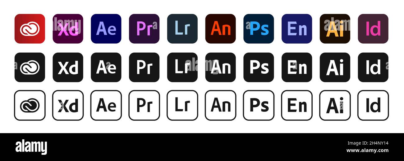Kiev, Ucraina - 6 novembre 2021: Set di logotipi di prodotti adobe. Editoriale. Foto Stock