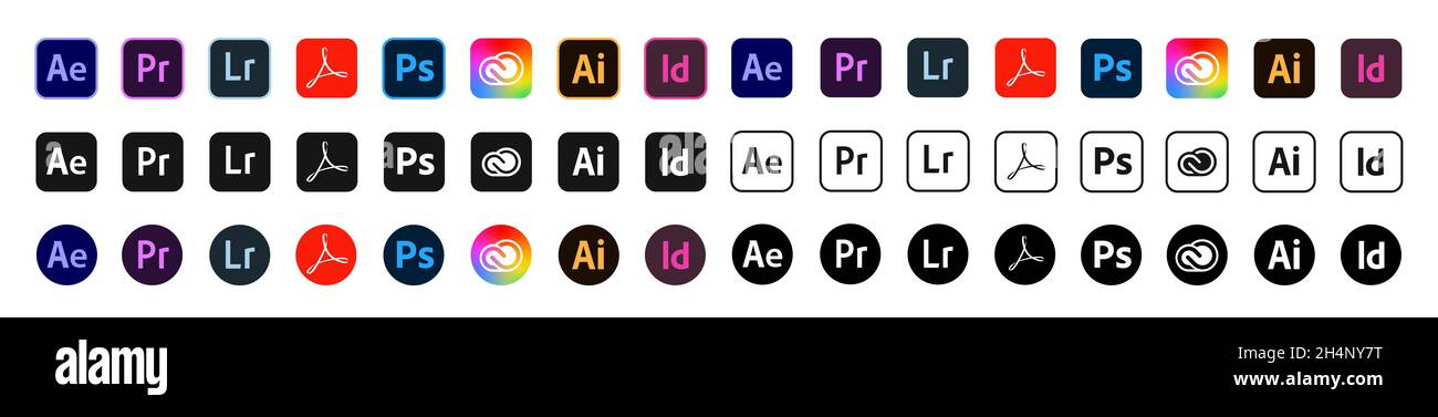 Kiev, Ucraina - 6 novembre 2021: Set di logotipi di prodotti adobe. Foto Stock