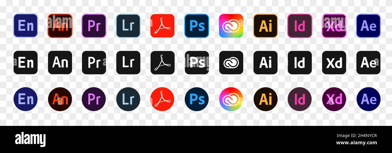 Kiev, Ucraina - 6 novembre 2021: Set di logotipi di prodotti adobe.. Foto Stock