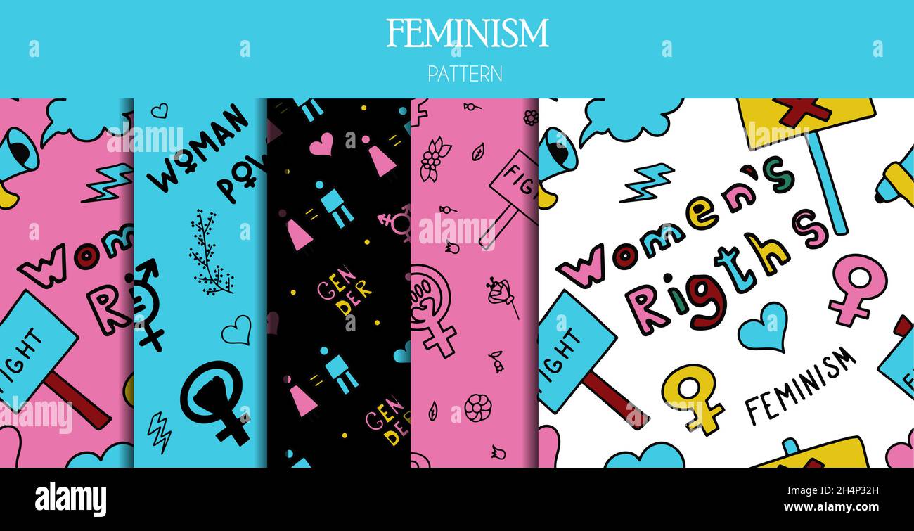 Un insieme di modelli senza giunture che deludano i segni del femminismo, i diritti delle donne. Grunge icone vettoriali disegnate a mano di simboli di protesta del Feminismo Un rally per cui combattere Illustrazione Vettoriale