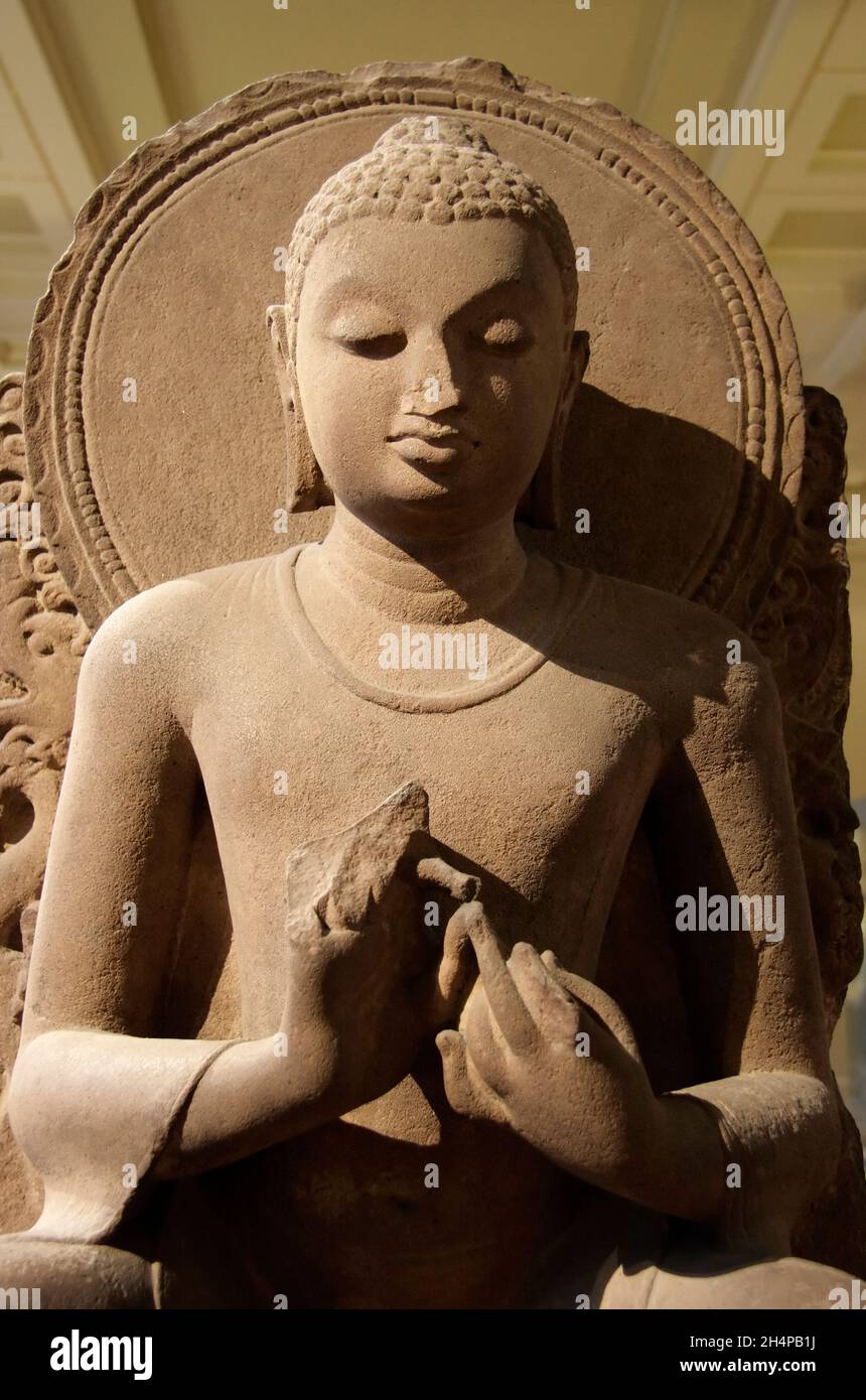 Sublime 5 ° secolo Buddha seduto dall'India orientale (Sarnath) nel British Museum. Questa statua di pietra arenaria di Shakyamuni lo raffigura seduto su un lio Foto Stock