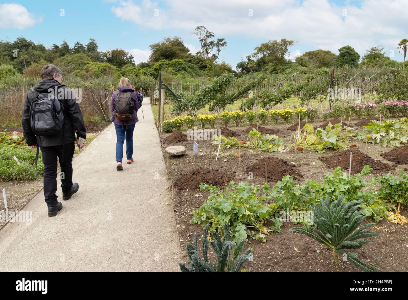 Turismo Cornovaglia; persone che camminano nel Giardino della cucina, i Giardini perduti di Heligan, Cornovaglia Regno Unito Foto Stock