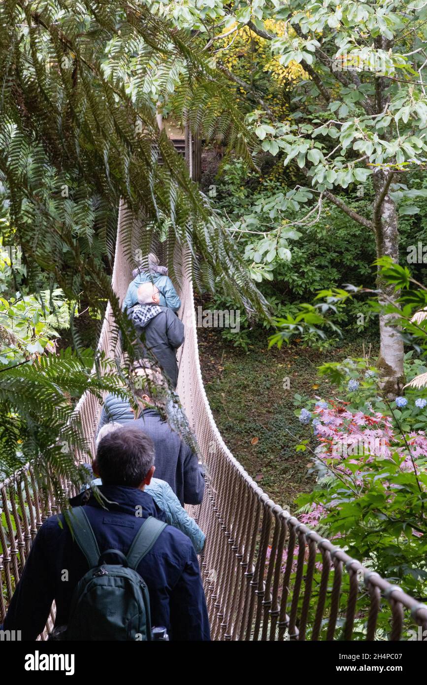 Cornovaglia turisti - persone che attraversano il ponte di corda nella sezione 'giungla', i Giardini perduti di Heligan, Cornovaglia UK; esempio di staycation UK Foto Stock