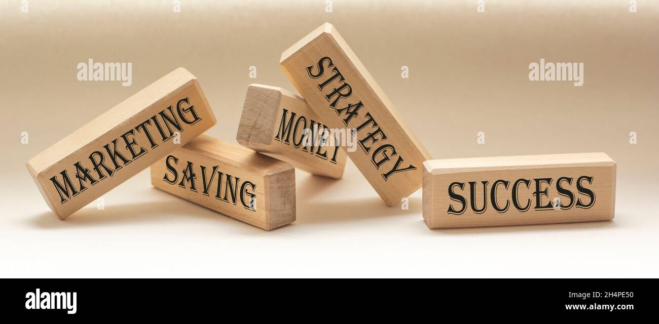 Blocchi di legno con testo: Strategia, marketing, denaro, risparmio, successo Foto Stock