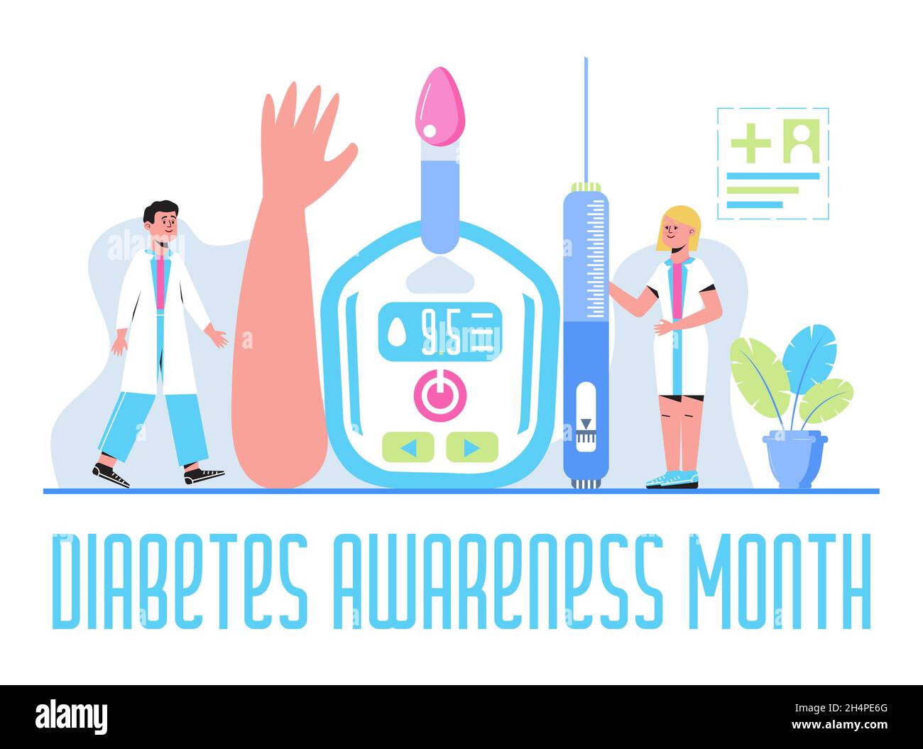 Mese di sensibilizzazione sul diabete il mese di novembre negli Stati Uniti. Evento sanitario nazionale americano. Diabete di tipo 2 e vettore di concetto di produzione di insulina con glucosio m Illustrazione Vettoriale